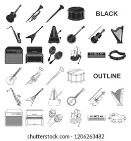 Musical instrument black icons in set collection for design. String and Wind instrument vector symbol stock web illustration.