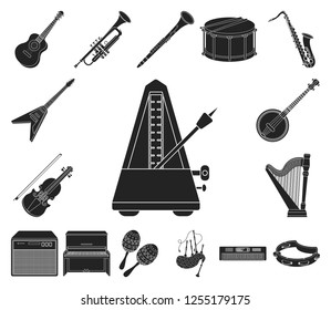 Musical instrument black icons in set collection for design. String and Wind instrument vector symbol stock web illustration.
