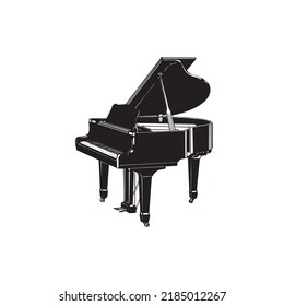 The musical instrument is a black piano. Color illustration on a white background