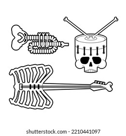 Musical instrument from bones set. Skeleton bugle and Trumpet. death Guitar and drum