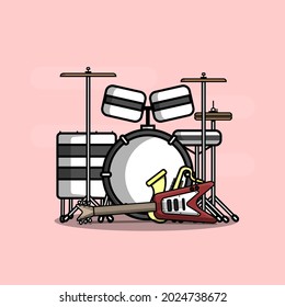 musical instrument cartoon. drums, guitar, saxophone cartoon Vector Icon Illustration. Science Technology Icon Concept Isolated Premium Vector. Flat Cartoon Style