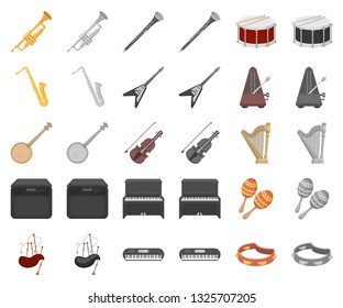 Musical instrument cartoon,monochrom icons in set collection for design. String and Wind instrument vector symbol stock web illustration.