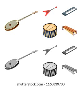 Musical instrument cartoon,monochrome icons in set collection for design. String and Wind instrument isometric vector symbol stock web illustration.