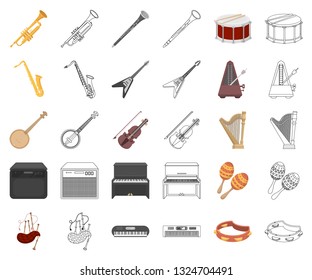 Musical instrument cartoon,outline icons in set collection for design. String and Wind instrument vector symbol stock web illustration.