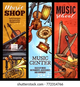 Musical instrument of classical and folk music banner set. Piano, guitar and drum, violin, trumpet and horn, maracas, flute and harp, cello and mandolin sketches for music concert or shop flyer design