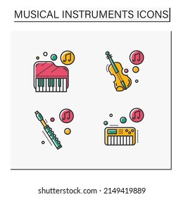 Musical instrument color icons set. Piano, violin, flute, synthesizer. Classical, ethnic and modern music. Music from different countries. Isolated vector illustrations