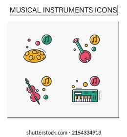 Musical instrument color icons set. Cello, hang drum, banjo, midi keyboard. Isolated vector illustrations