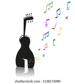 Musical instrument and colored notes.  The metaphor of music.  Vector illustration.