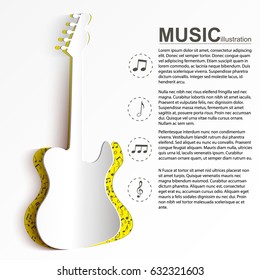 Concepto de instrumento musical con texto blanco recortado de papel silueta de guitarra eléctrica y notas iconos Ilustración vectorial