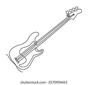 Musical instrument. Continuous line electric guitar. Rock music. Acoustic sound. Heavy metal band concert. Minimalistic graphic drawing. Musicians performance. String orchestra. Vector outline sketch