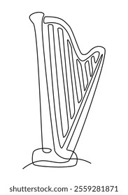 Musical instrument. Continuous line harp. String orchestra. Classic acoustic music. Ancient culture performance. Concert sounds. Play antique melody. Lyre tunes. Harpist art. Vector outline sketch