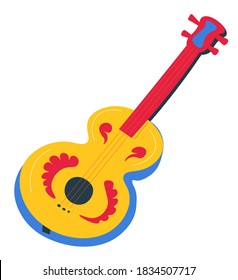 Musical instrument with decorative elements on wooden parts. Isolated acoustic guitar of musician or performer. Flamenco or hispanic songs playing, design of object for music, vector in flat style