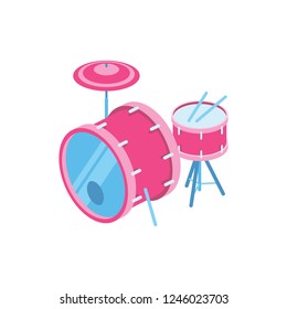 Musical instrument drum set, percussion drums, concert stage, stage musician. Loud music, rock, jazz, pop. Creative idea illustration. 3d vector isometric icon