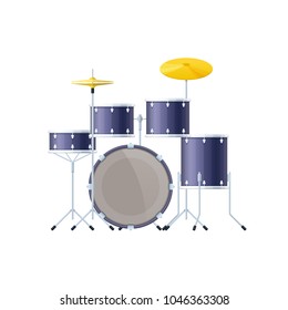 Musical instrument is a drums or trap kit. Percussion musical instrument, classical, orchestral, concert. Wands, plate, a realistic set of metal drums. Vector illustration isolated.