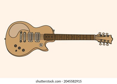 Musical instrument electric guitar with strings and fretboard isolated on beige background.