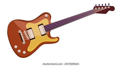 Musical instrument electro guitar isolated on white background. Flat style design icon. Musical equipment wooden electro guitar. Brown color guitar. Vector illustration
