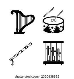 Musikalische Instrumentenausrüstung schwarze Silhouette Vektorsymbol Set umrissene Sammlung einzeln auf quadratisch-weißem Hintergrund. Einfache, flache minimalistische Musikinstrumentenzeichnung.