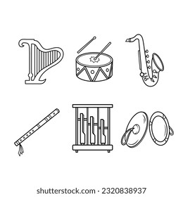 Musical instrument equipment vector icon set outlined collection isolated on square white background. Simple flat minimalist musical instruments items drawing.