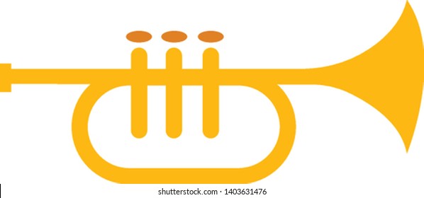 A musical instrument with a flared bell and the tubing looped to form a straight-sided coil, with three valves; played by blowing air , vector, color drawing or illustration.