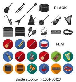 Musical instrument flat icons in set collection for design. String and Wind instrument vector symbol stock web illustration.