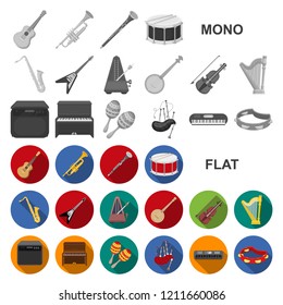 Musical instrument flat icons in set collection for design. String and Wind instrument vector symbol stock web illustration.