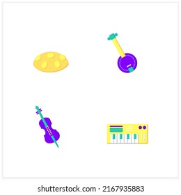 Musical instrument flat icons set. Cello, hang drum, banjo, midi keyboard. Isolated vector illustrations