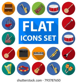 Musical instrument flat icons in set collection for design. String and Wind instrument vector symbol stock web illustration.