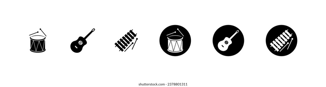 Musical instrument flat vector icons. Music instruments percussion drum, guitar and xylophone symbols.