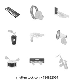 Musical instrument, garbage and ecology, electric appliance and other web icon in monochrome style. Megaphone, finishing checkered flag, gesture and manipulation with hands icons in set collection.