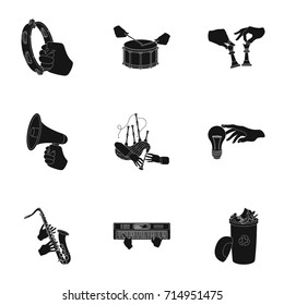 Musical instrument, garbage and ecology, electric applianc and other web icon in black style. Megaphone, finishing checkered flag, gesture and manipulation with hands icons in set collection.