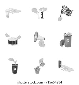 Musical instrument, garbage and ecology, electric applianc and other web icon in monochrome style. Megaphone, finishing checkered flag, gesture and manipulation with hands icons in set collection.