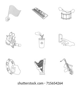 Musical instrument, garbage and ecology, electric applianc and other web icon in outline style. Megaphone, finishing checkered flag, gesture and manipulation with hands icons in set collection.