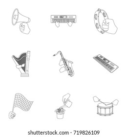 Musical instrument, garbage and ecology, electric applianc and other web icon in outline style. Megaphone, finishing checkered flag, gesture and manipulation with hands icons in set collection.