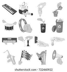 Musical instrument, garbage and ecology, electric applianc and other web icon in monochrome style. Megaphone, finishing checkered flag, gesture and manipulation with hands icons in set collection.