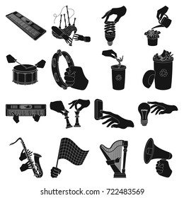 Musical instrument, garbage and ecology, electric applianc and other web icon in black style. Megaphone, finishing checkered flag, gesture and manipulation with hands icons in set collection.