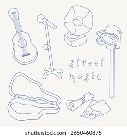 Instrumento musical de guitarra, microfone, fonógrafo, lâmpada e rolo de papel vetor tinta mão desenhada doodle linha arte estilo ilustração conjunto