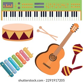 Musical instrument guitar tambourine xylophone synthesizer piano maracas vector illustration