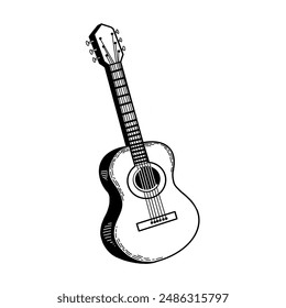 Instrumento musical - guitarra. Ilustración vectorial. Todos los objetos son dibujados a mano en Vector negro. Conveniente para imprimir en invitaciones, carteles, tarjetas y carteles.