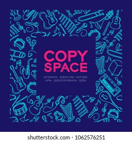 Musical Instrument hand drawing set pattern background in square frame illustration isolated on dark blue color background, with center copy space