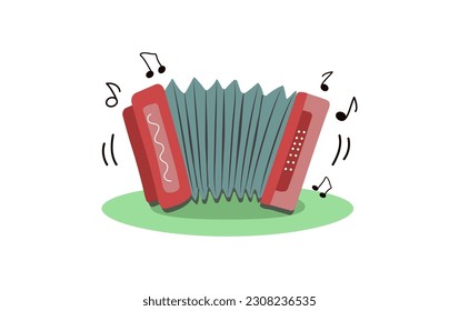  Musikinstrument.  Harmonica spielt.  Russische Traditionen, Folklore.  Lied, Musik. Hinweis: Cartoon, Vektorgrafik, Hintergrund einzeln.