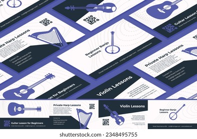 Musical instrument harp guitar violin banjo private lesson business card set seamless pattern banner isometric vector illustration. Music melody art playing learning teacher school course advertising