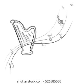 Musical instrument. Harp and notes