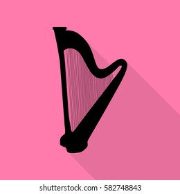 Musical instrument harp sign. Black icon with flat style shadow path on pink background.