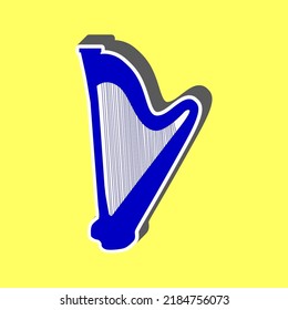 Musical instrument harp sign. Blue Icon with white stroke in 3d at yellow Background. Illustration.