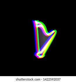 Musical instrument harp sign. Red, green and blue unfocused contour icon at black background. Illustration.
