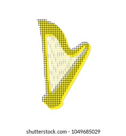 Musical instrument harp sign. Vector. Yellow icon with square pattern duplicate at white background. Isolated.