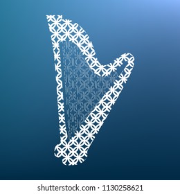 Musical instrument harp sign. Vector. White textured icon at lapis lazuli gradient background.