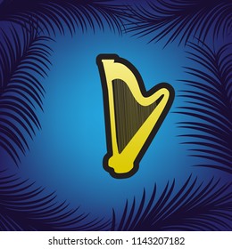 Musical instrument harp sign. Vector. Golden icon with black contour at blue background with branches of palm trees.