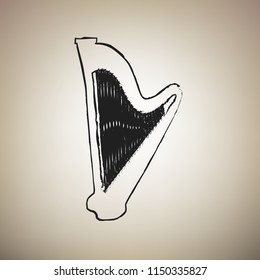 Musical instrument harp sign. Vector. Brush drawed black icon at light brown background.