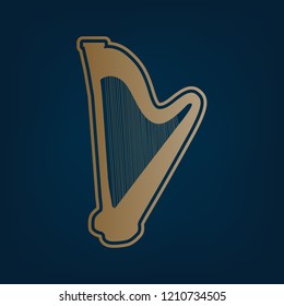 Musical instrument harp sign. Vector. Golden icon and border at dark cyan background.
